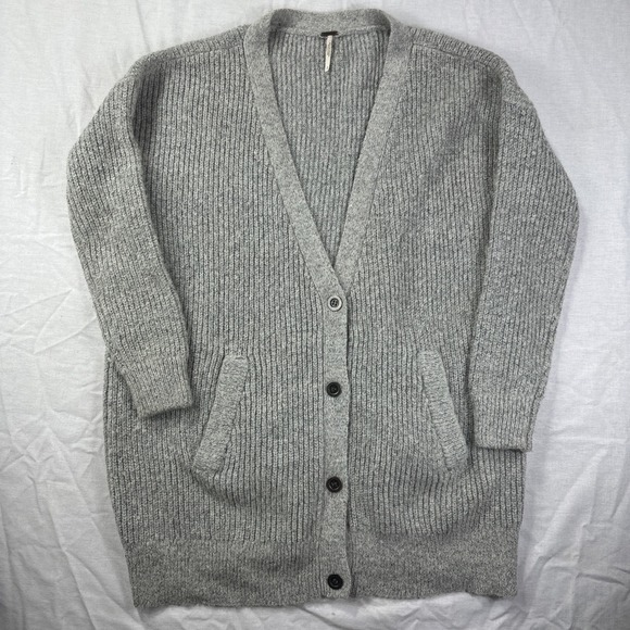 Free People Cardigan Womens Small Alpaca Blend Gray Knit Metal Buttons Oversized - Picture 2 of 9